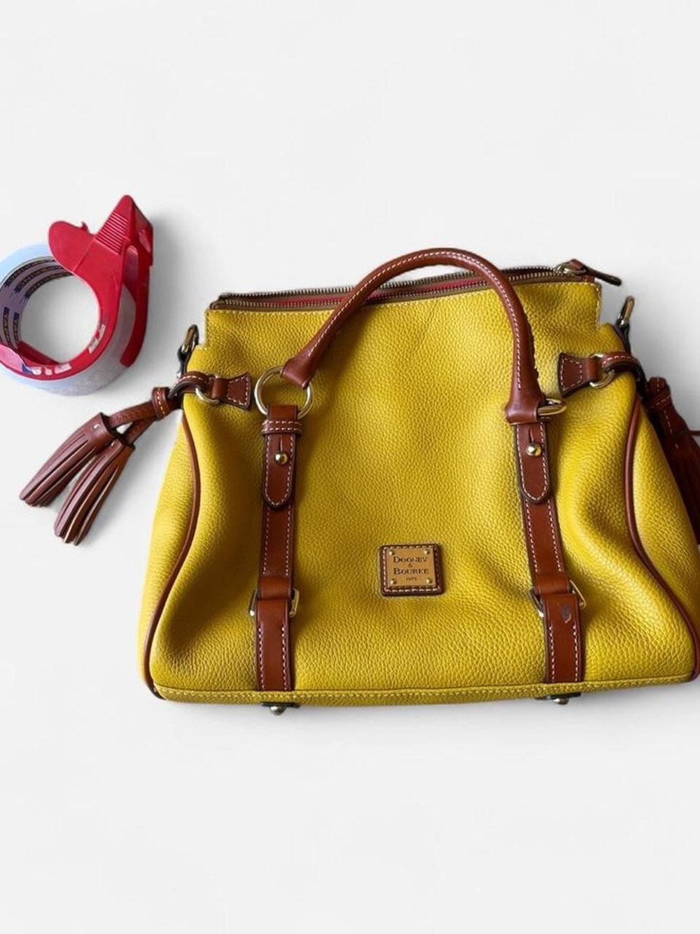 Dooney & Bourke Mustard Yellow Pebbled Leather Satchel with Brown Trim - Picture 6 of 7